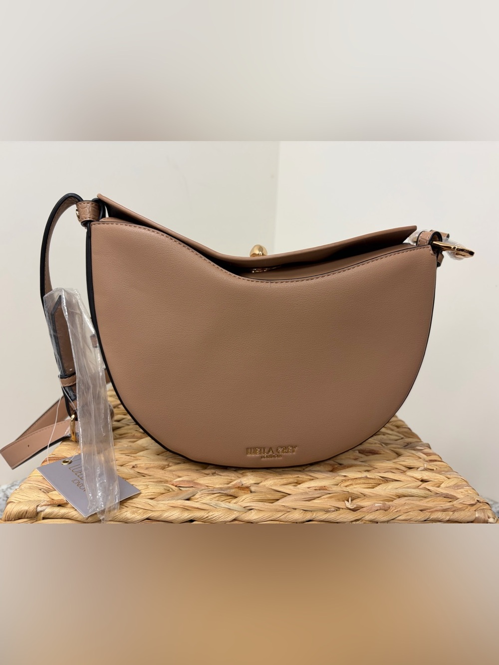 Taupe Crescent Shoulder Bag with Gold Accent